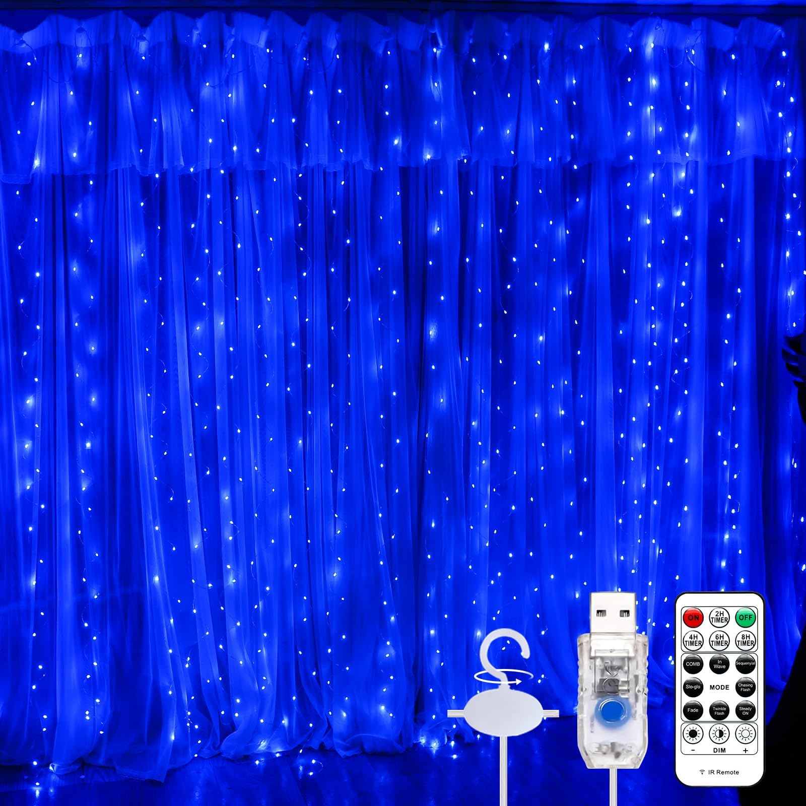 Curtain Light, 9.8ft x 9.8ft Copper Wire String Lights, USB Powered Hanging Window Fairy Lights, 8 Lighting Modes, Remote Control for Home Christmas Wedding Party (Blue)