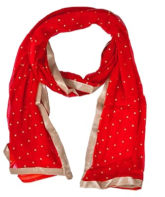 YOUTHQUAKE Women's Golden Printed Chiffon Dupatta With Four Side Golden Lace (Red)