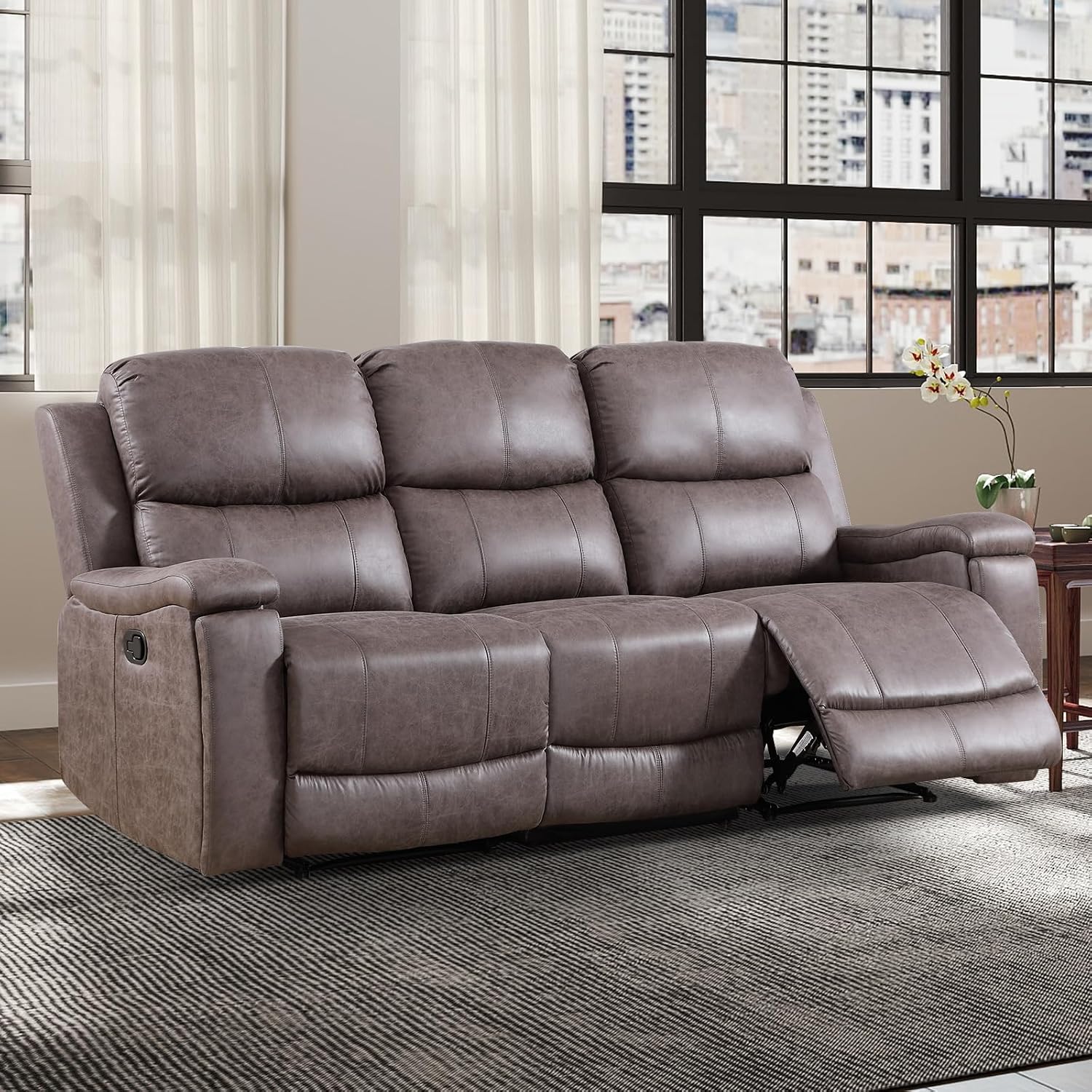 EBELLO Faux Leather Manual Reclining Sofa, 3 Seat Recliner Sofa with Cup Holders, Couch Furniture for Meeting Room, Grey