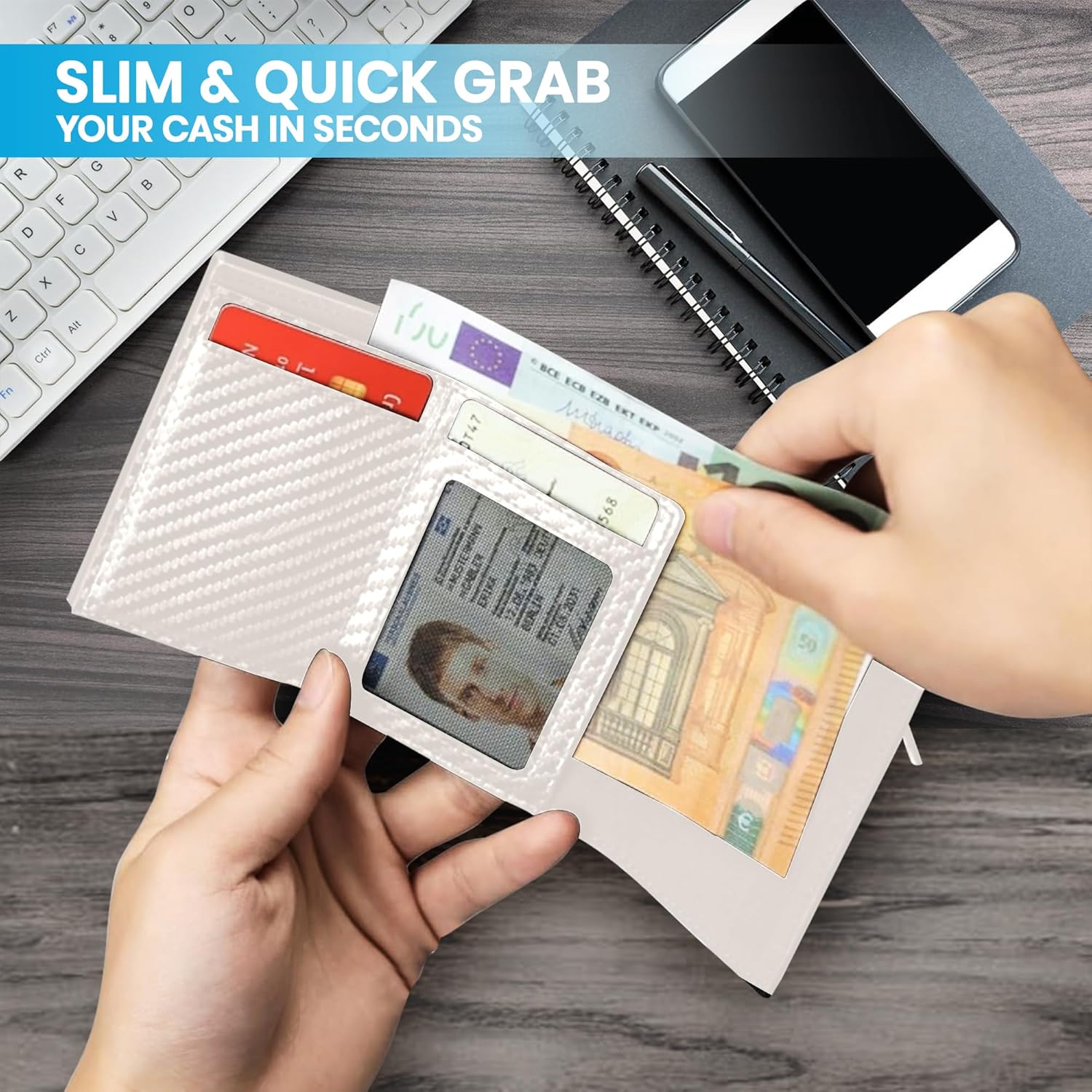 Mens Minimalist Smart Wallet with AirTag Holder, Carbon Fiber, RFID Blocking, Slim, 1-12 Card Capacity, ID Window, Cash Slot (AirTag Wallet, White) - Image 7