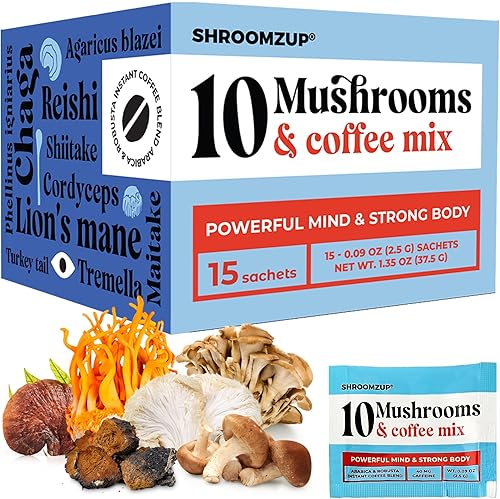 Café instantáneo de hongos con 10 hongos Paquete de 15 con Reishi, melena de león, chaga, cola de pavo, hongos Cordyceps Café nootrópico