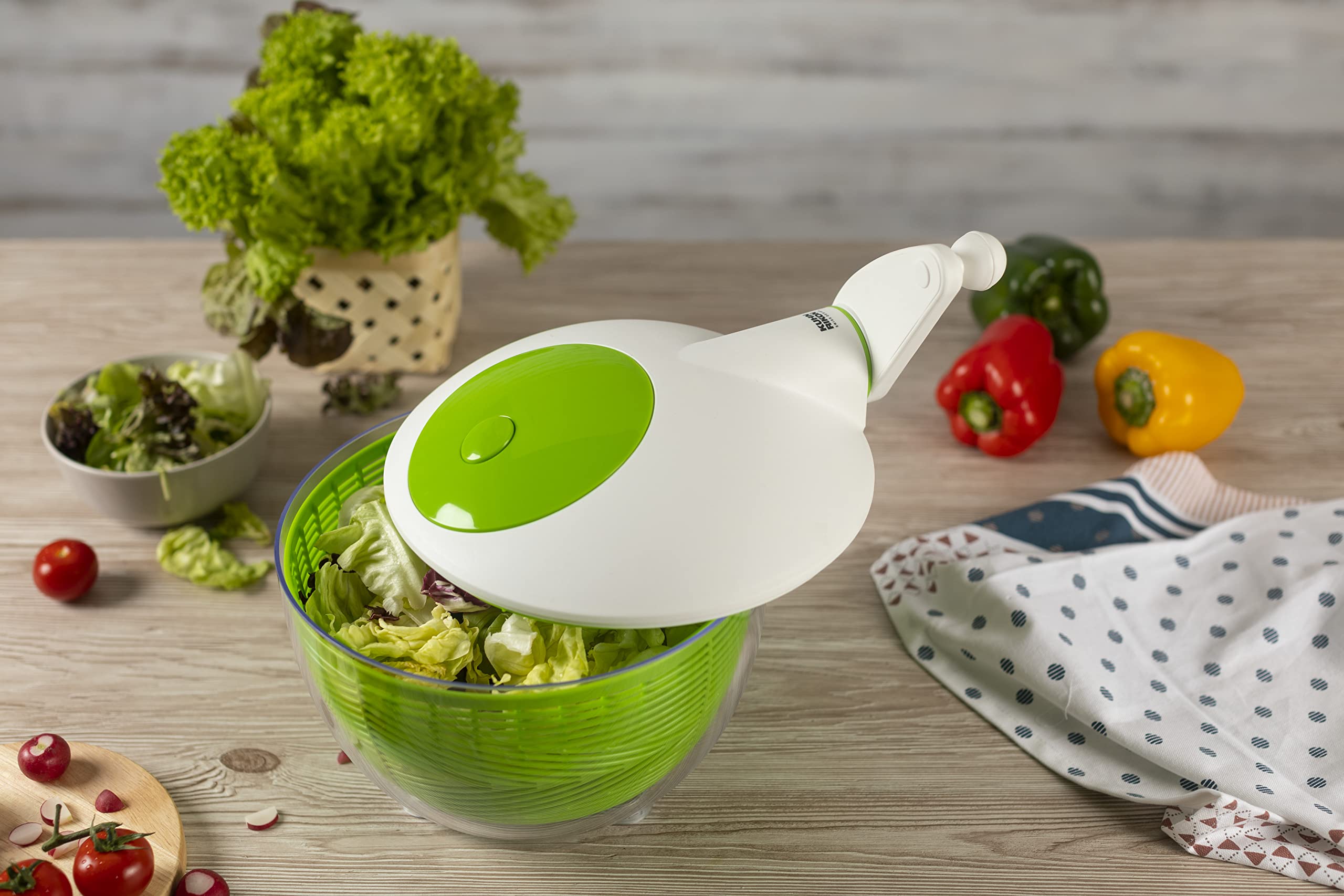Centrifuga per insalata, 26 cm, bianco/verde, con pulsante di arresto sul coperchio