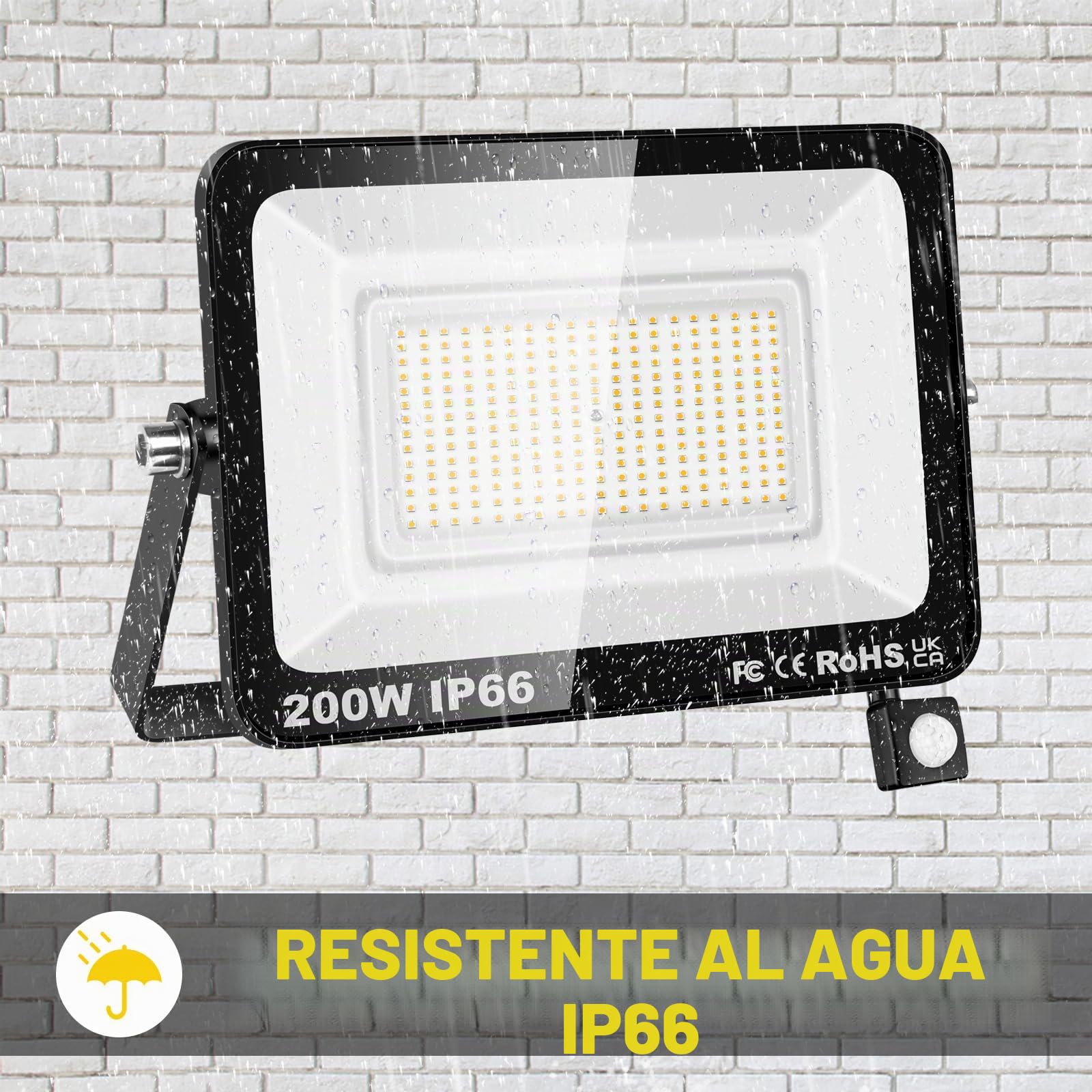 RIGIDON 200W Focos Led con Sensor Movimiento, 20000LM Proyector LED Exterior, IP66 Impermeable Foco LED Detector, 3000K Blanco Caldo Iluminación de Seguridad para Garaje Patio Jardín Terraza