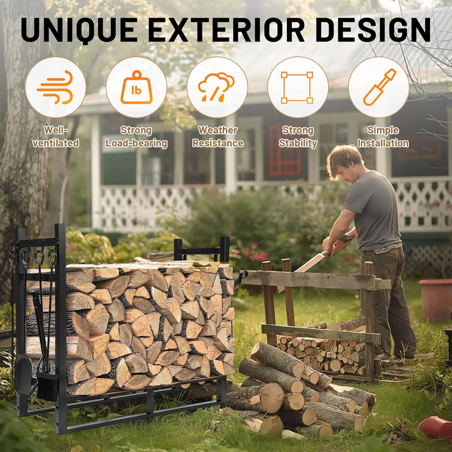 HECASA 33 Inch Firewood Rack W/Kindling Holder Include Shovel Poker Tongs Brush Heavy Duty Steel Indoor Outdoor Fireplace Log Rack Steel Powder Coated