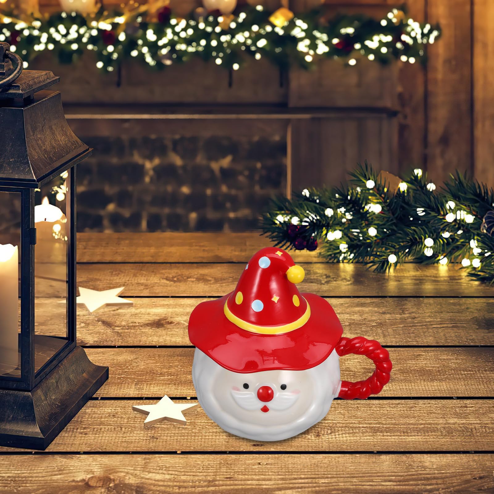 Housoutil Taza de Café Navideña con Tapa en Forma de Gorro, Taza de Cerámica 3d de Papá Noel.