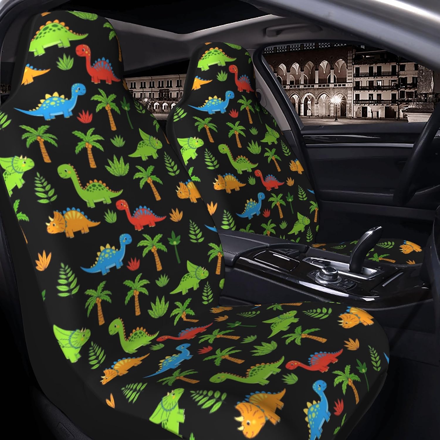 RIMENCH Universal Cute Colorful Cartoon Dinosaurs Black Car Seat Covers Novelty Front Seat Cover Machine Washable Seat Covers Fit Most Car, Truck, SUV, Or Van