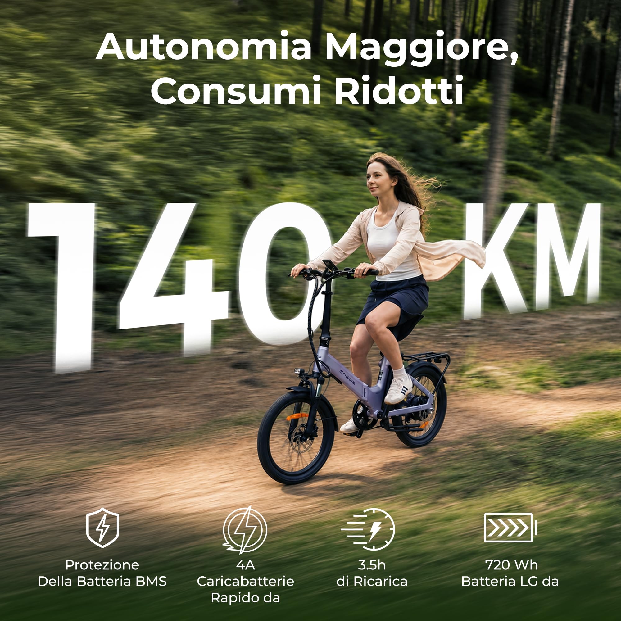 ENGWE O20 Bici Elettrica Pieghevole E-bike Compatta | Motore da 250 W, Batteria rimovibile da 48 V e 15 Ah,Autonomia 80–140 km, Connettività tramite App,Spostamenti Urbani