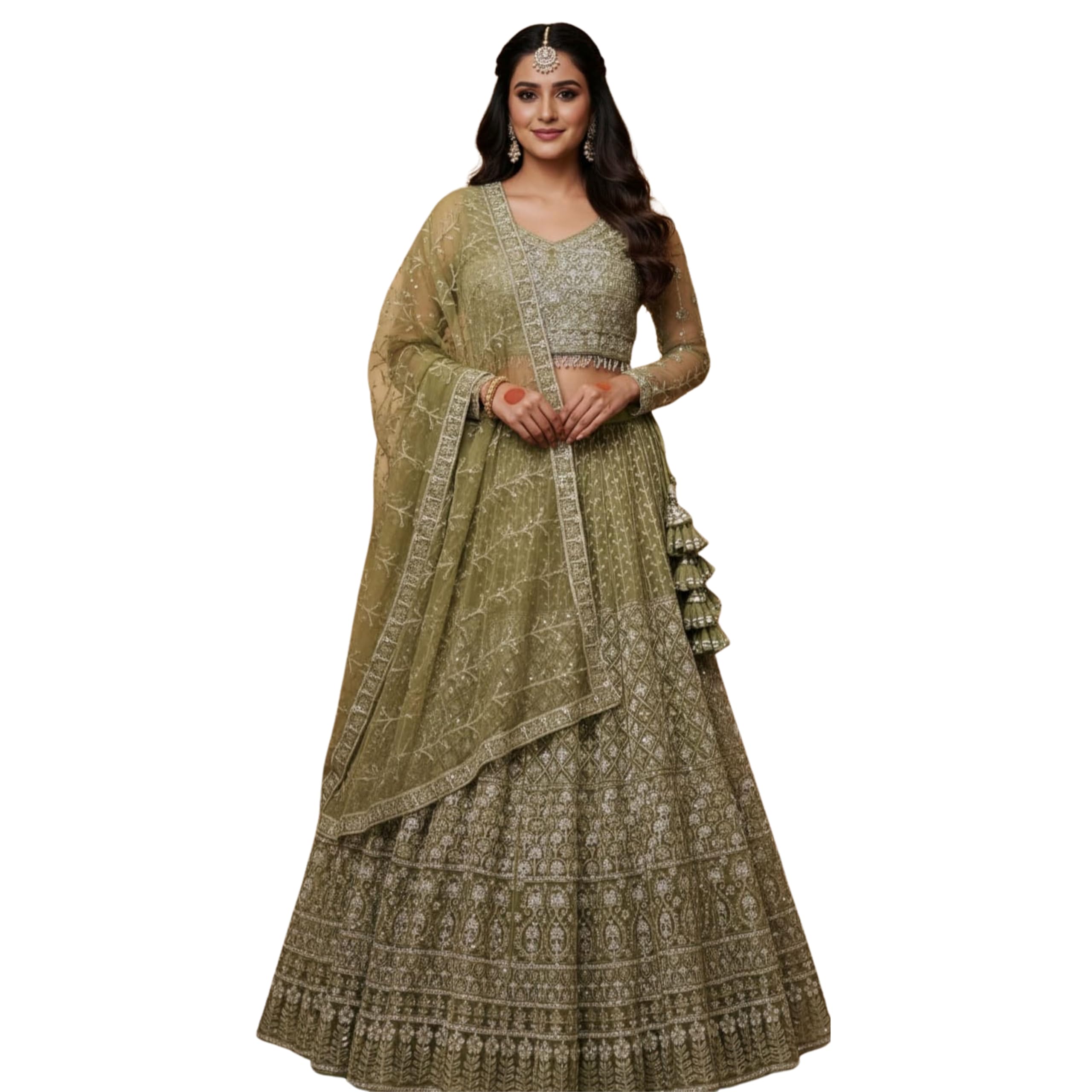 Olive Green Heavy Embroidered Net Bridal Lehenga Choli with Dupatta-image-24