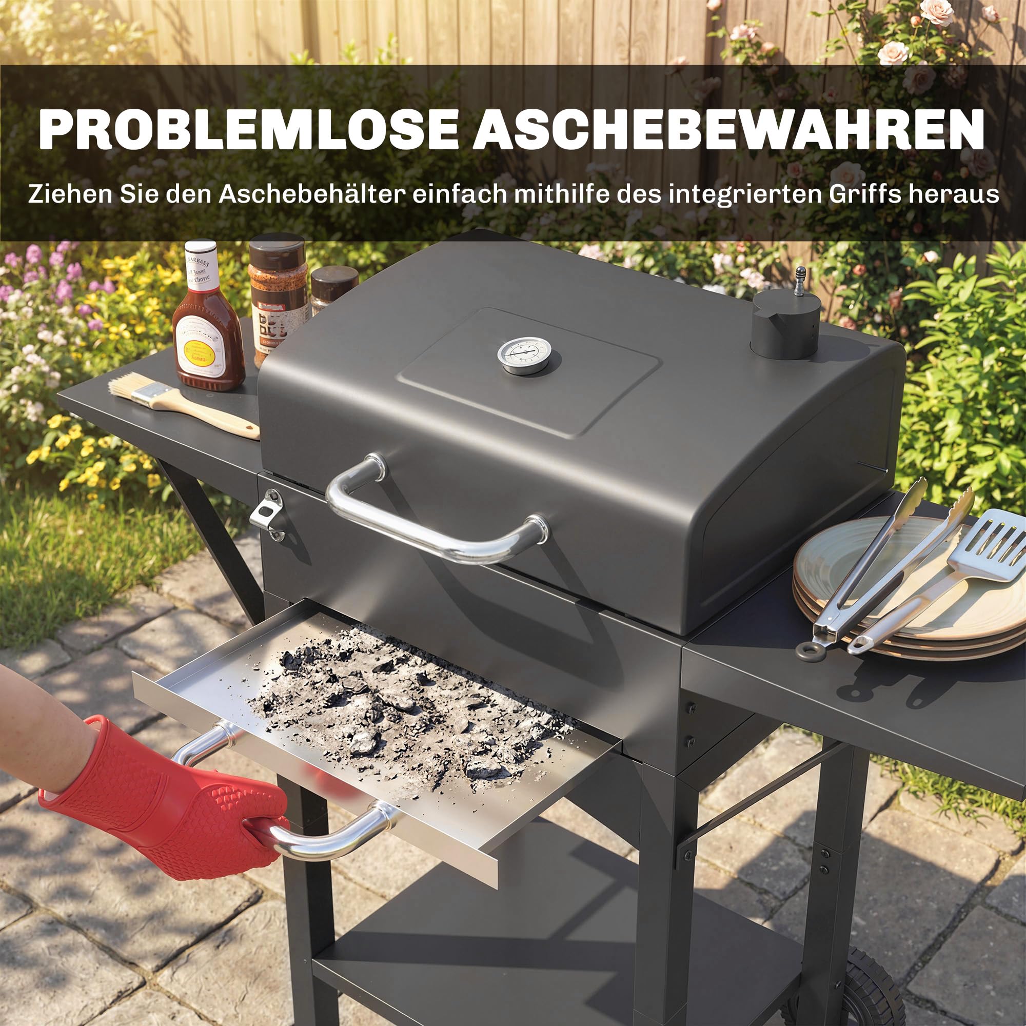 Outsunny grill węglowy z pokrywą, BBQ Smoker z 2 bocznymi stolikami, dużą powierzchnią grillową, rusztem, termometrem i kółkami, wózek grillowy 110 x 46,5 x 101 cm, czarny