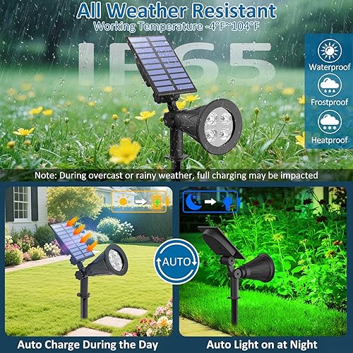 Miniatura 4 de T-SUNUS Paquete de 4 focos solares verdes para paisaje, luces solares IP65 impermeables con 4 luces LED de pared, luz de seguridad de