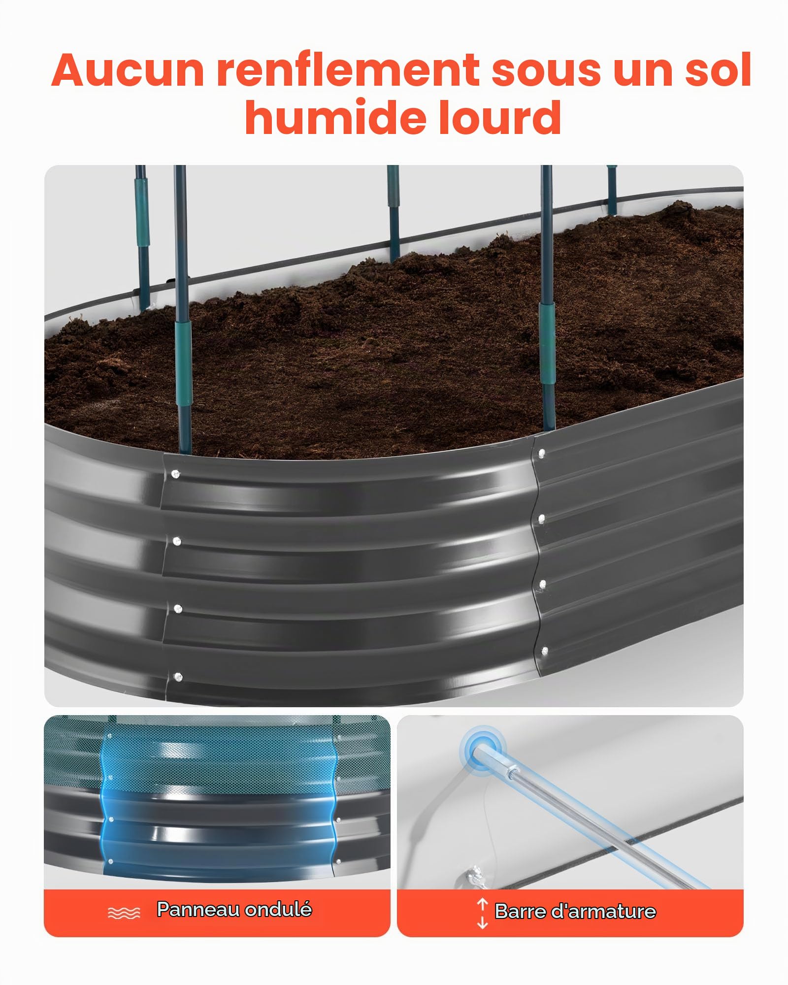 VEVOR Potager Surélevé Métal 180x90x30 cm Carré Potager Surélevé à Arrosage Auto Lit de Jardin Ovale pour Culture Légumes Fleurs, Fond Ouvert, Galvanisé Aluminium-Zinc, avec Housse Filet, Gris Foncé