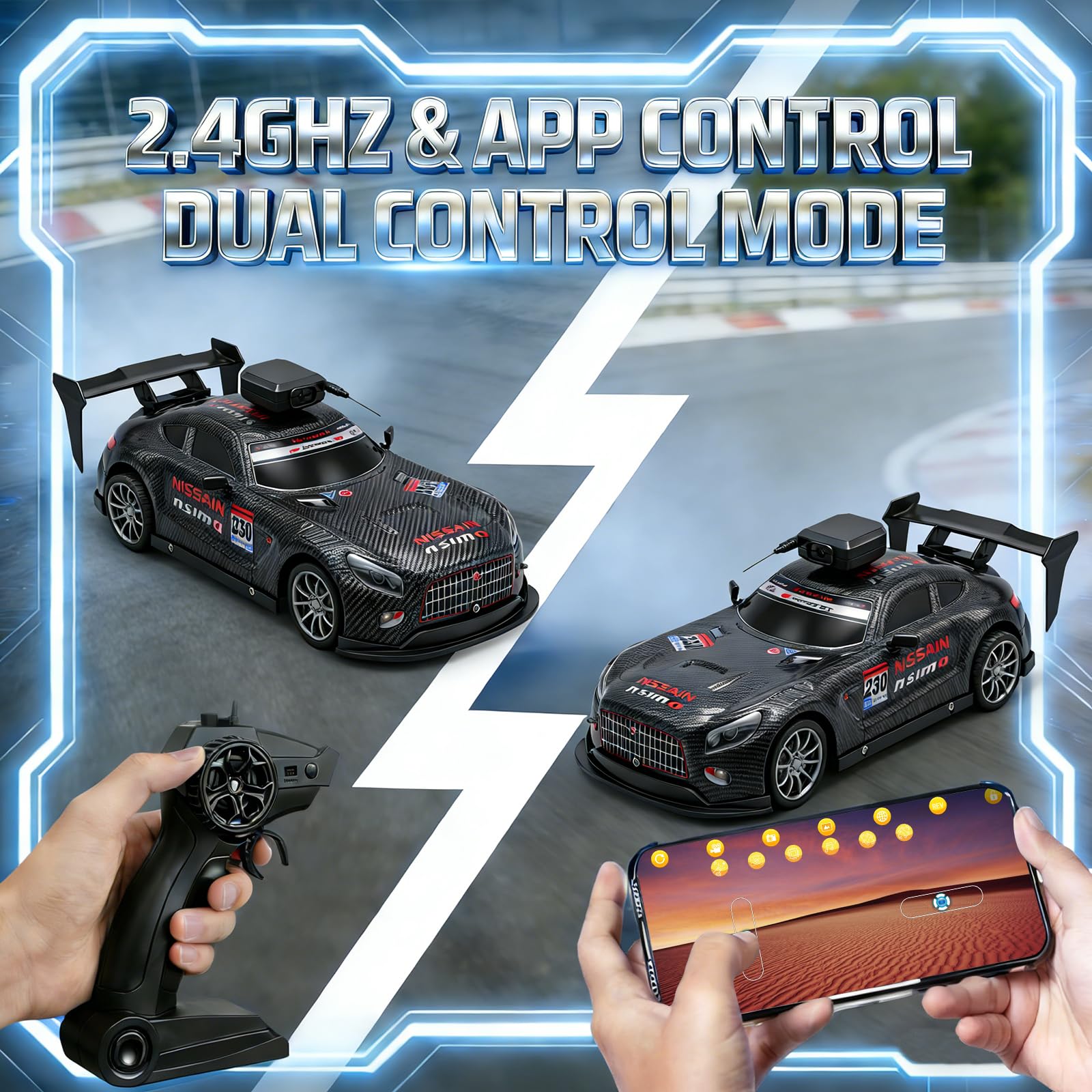 Coche Todoterreno Teledirigido 2.4G con Cámara,1:16 Coche de Carreras de Juguete de Alta Velocidad con Pulverizador y Faros, Transmisión Gráfica en Tiempo Real por WiFi, RC Car