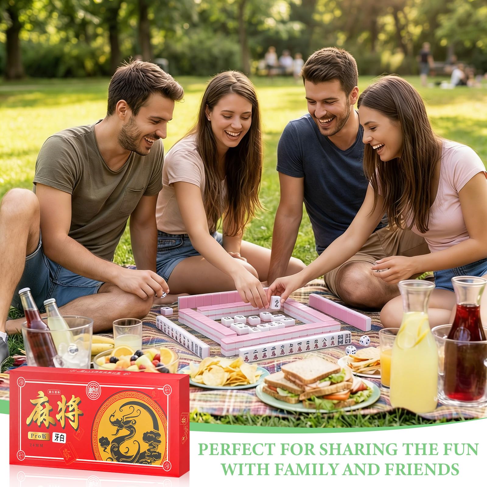 Mini Set Mahjong 24mm, Gioco da tavolo portatile tradizionale con 144 tessere, 4 supporti e 2 dadi, Gioco di viaggio compatto e di strategia per adulti (Rosa)