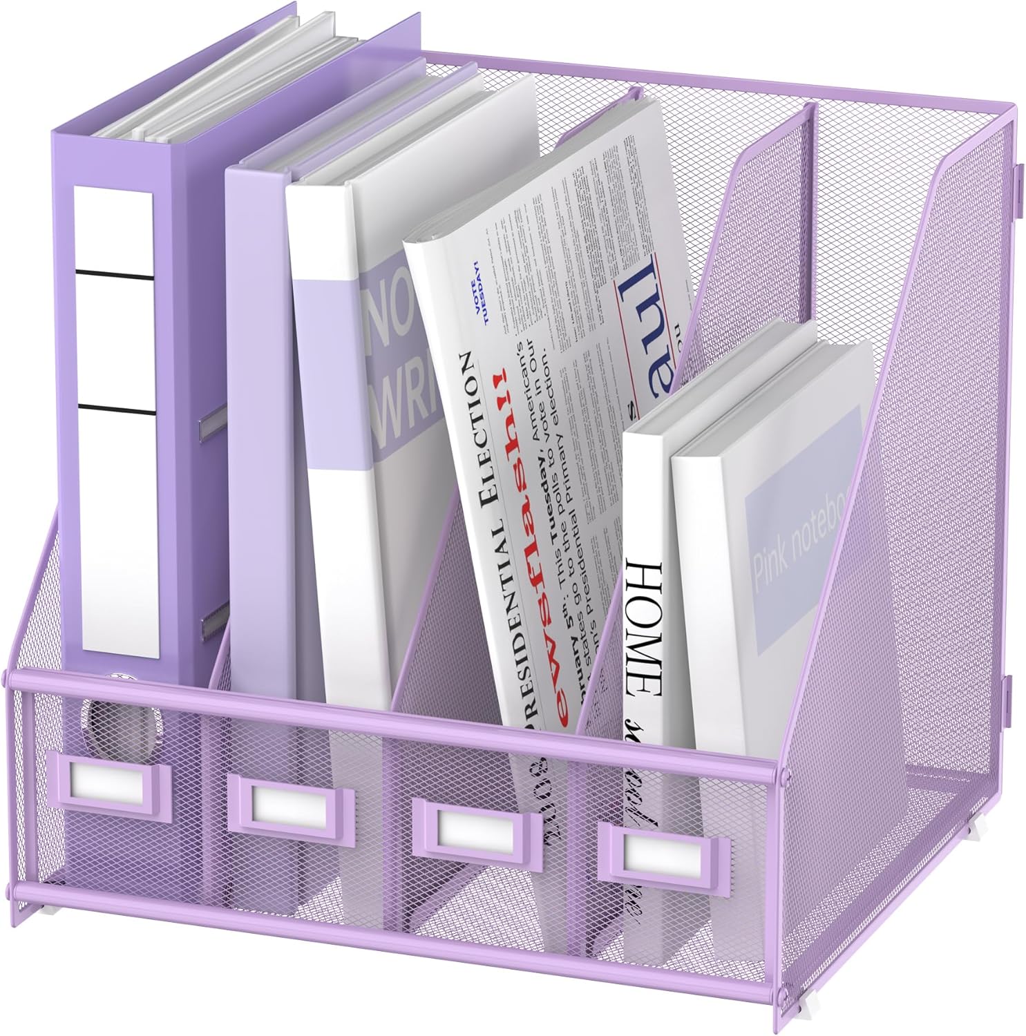 SUPEASY Magazine File Holder Desk Organizer, Metal Binder Holder with 4 Vertical Compartments for Office Home School, Purple