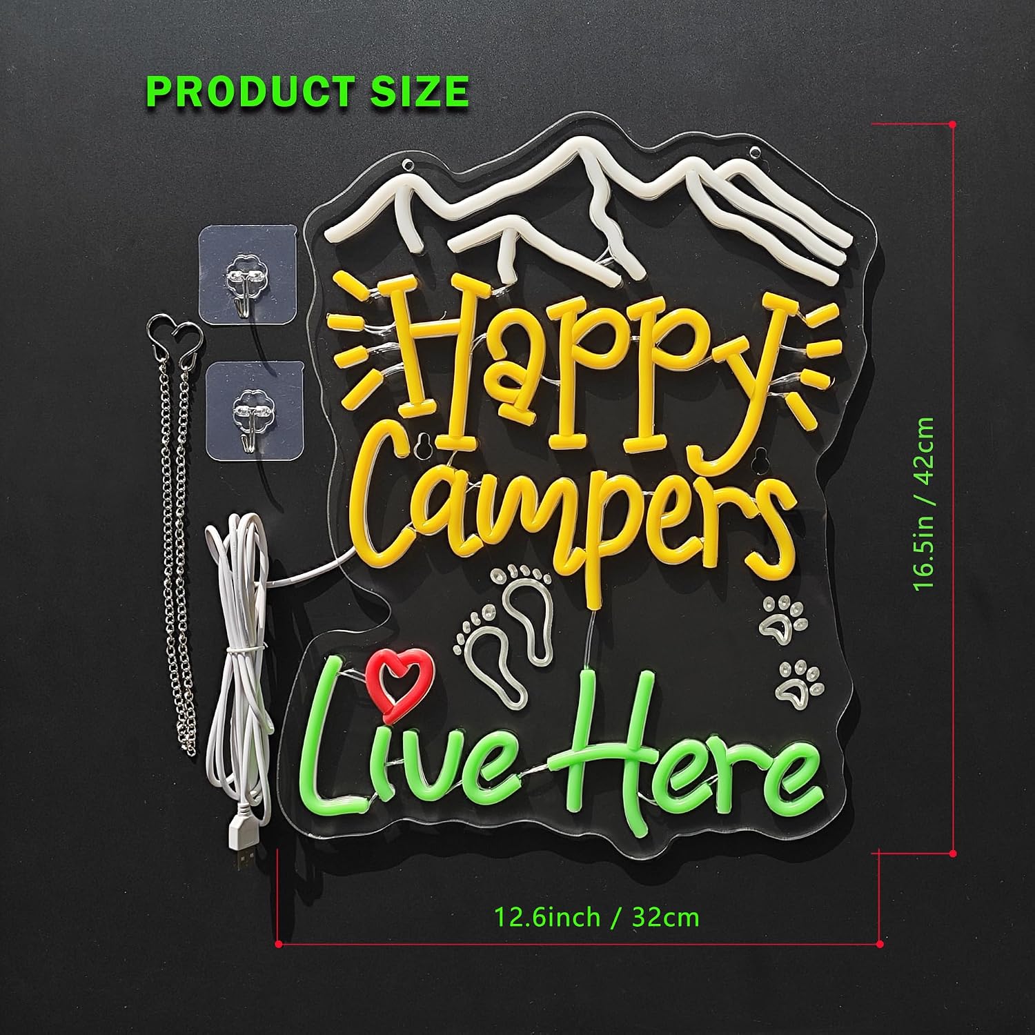 Happy Camper Neon Sign For Wall Decor Dimmable LED Light For Outdoor Party Lights Campsite outdoor life Decorations Tent background light Campervan decoration Smart plug timer compatible USB-Powered(16.1“*12.6”）