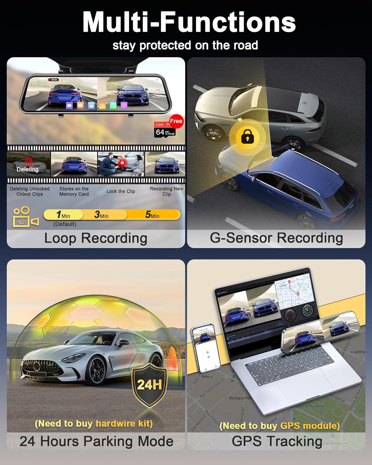 Diagram showing multi-functions including Loop Recording, G-Sensor Recording, 24 Hours Parking Mode, and GPS Tracking.