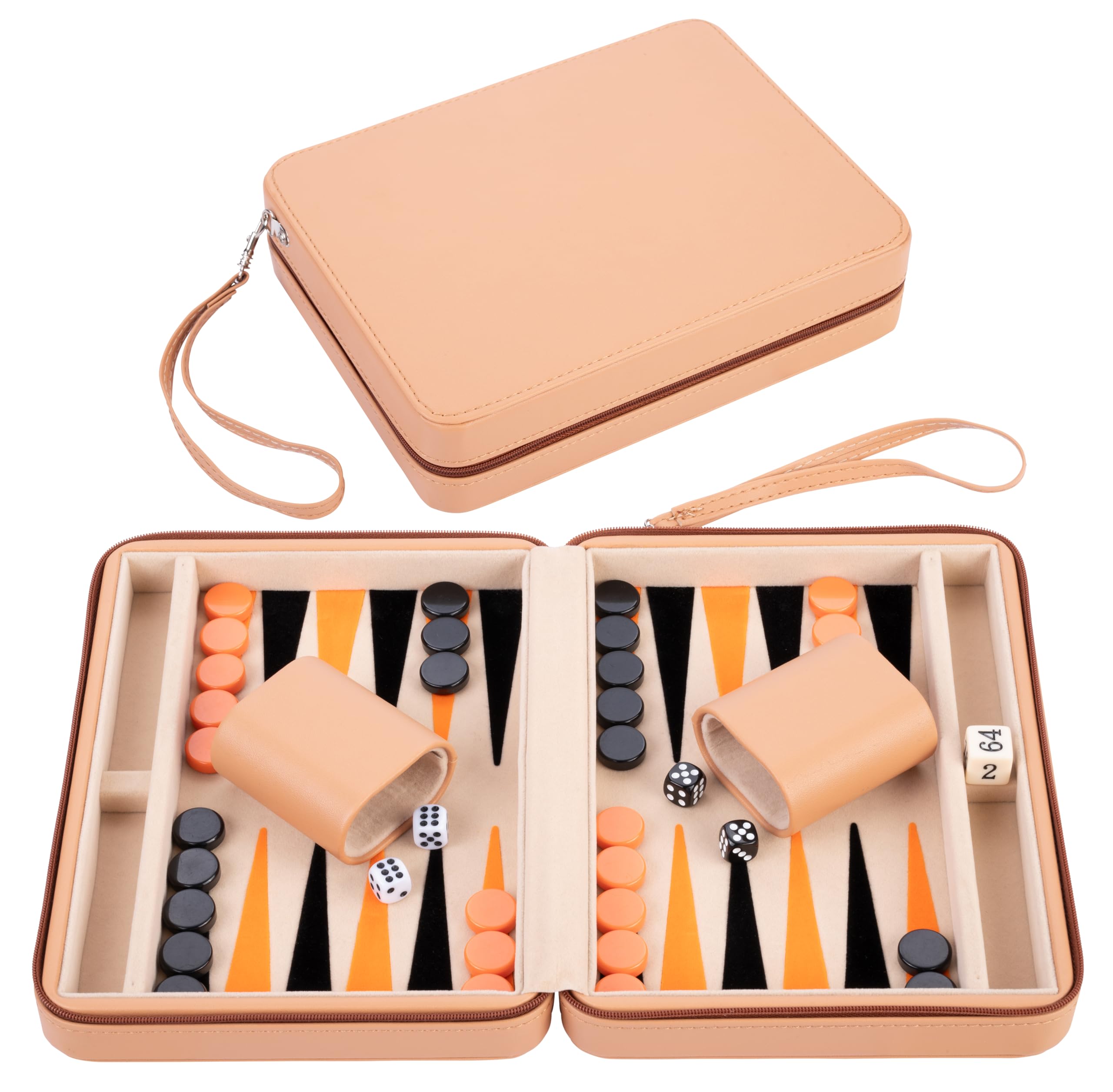 Engelhart - 250501 - Backgammon da Viaggio 9" in Astuccio Beige, Arancione e Nero – Gioco da Tavolo Tascabile