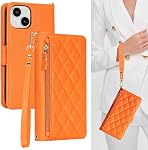 Porte-case pour téléphone iPhone 13/14 avec bracelet de poignet,6.1", Rhombus-Orange PU Cuir, pour les femmes hommes, poche à glissière, kiosque à kick, bracelet de poignet, porte-cartes