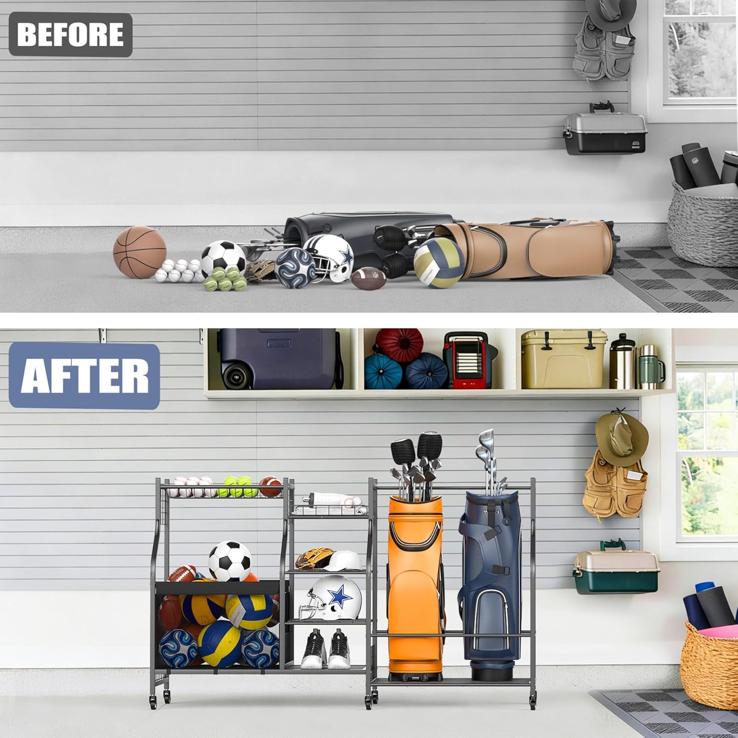 WALMANN Golf Bag Storage Rack with Wheels, Rolling Sports Equipment Organizer, Large Capacity Garage Storage Cart for Balls, Golf Bags