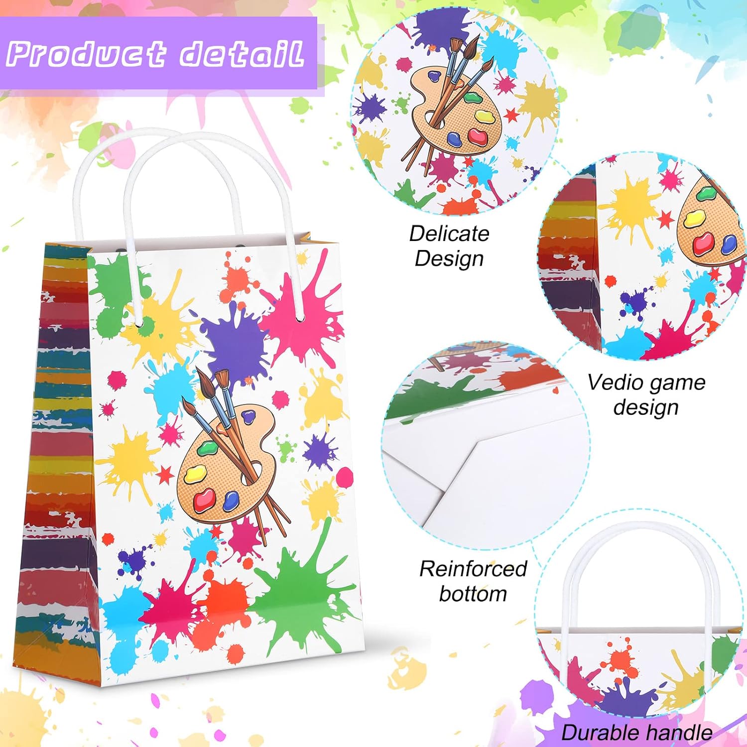 Pajean 36 Pieces Paint Splatter Party Bags with Handle Art Painting Candy Treat Goodie Gift Tote Bags Party Goodies Pouches for Birthday Baby Shower Decorations Gift Wrapping Supplies (Bright Style) - Image 3