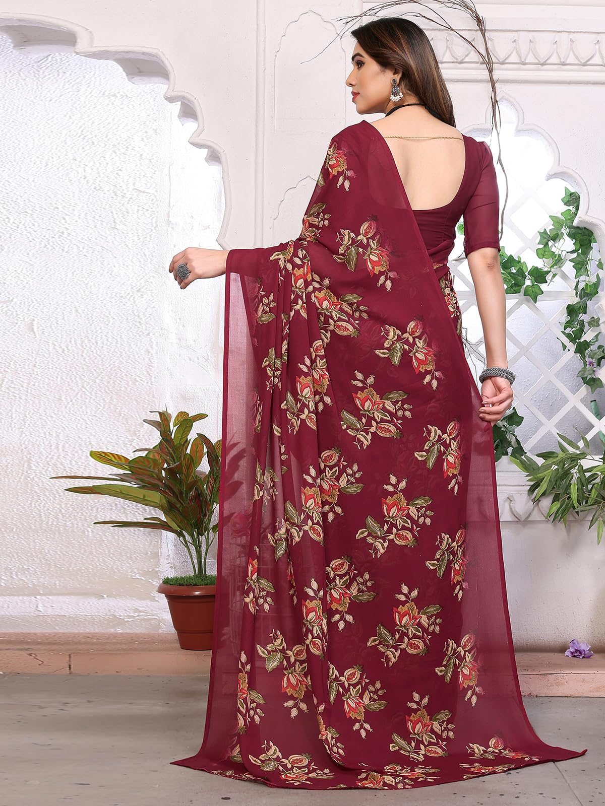 SIRIL Women's Floral Printed Georgette Saree with Unstitched Blouse Piece (3289S114_Maroon) 1