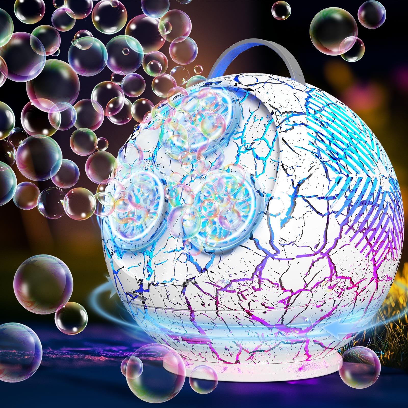 Weilim Spherical LED Bubble Machine for Kids, 45°/360° Rechargeable Blower | 4000+ Bubbles/Min Output, 5-Hour Play, ABS Body, 2 Concentrates for Parties, Birthdays, Weddings and Outdoor Fun