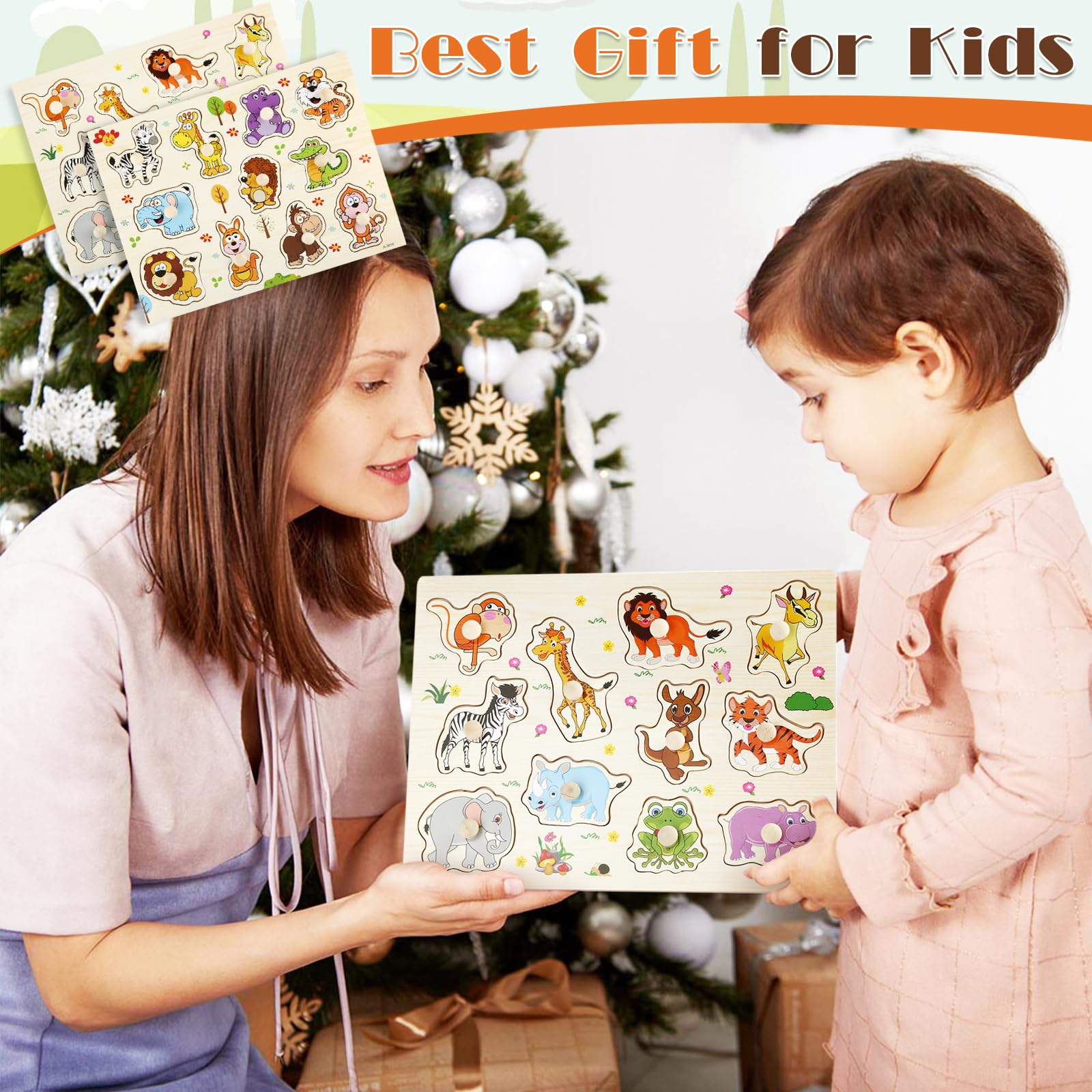 Zestaw 2 drewnianych puzzli 1 rok, drewniane puzzle wtykane od 1 roku ze zwierzętami z dżungli, zabawka z chwytaniem, idealne puzzle dla dzieci od 1 roku życia, dla chłopców i dziewczynek, prezent