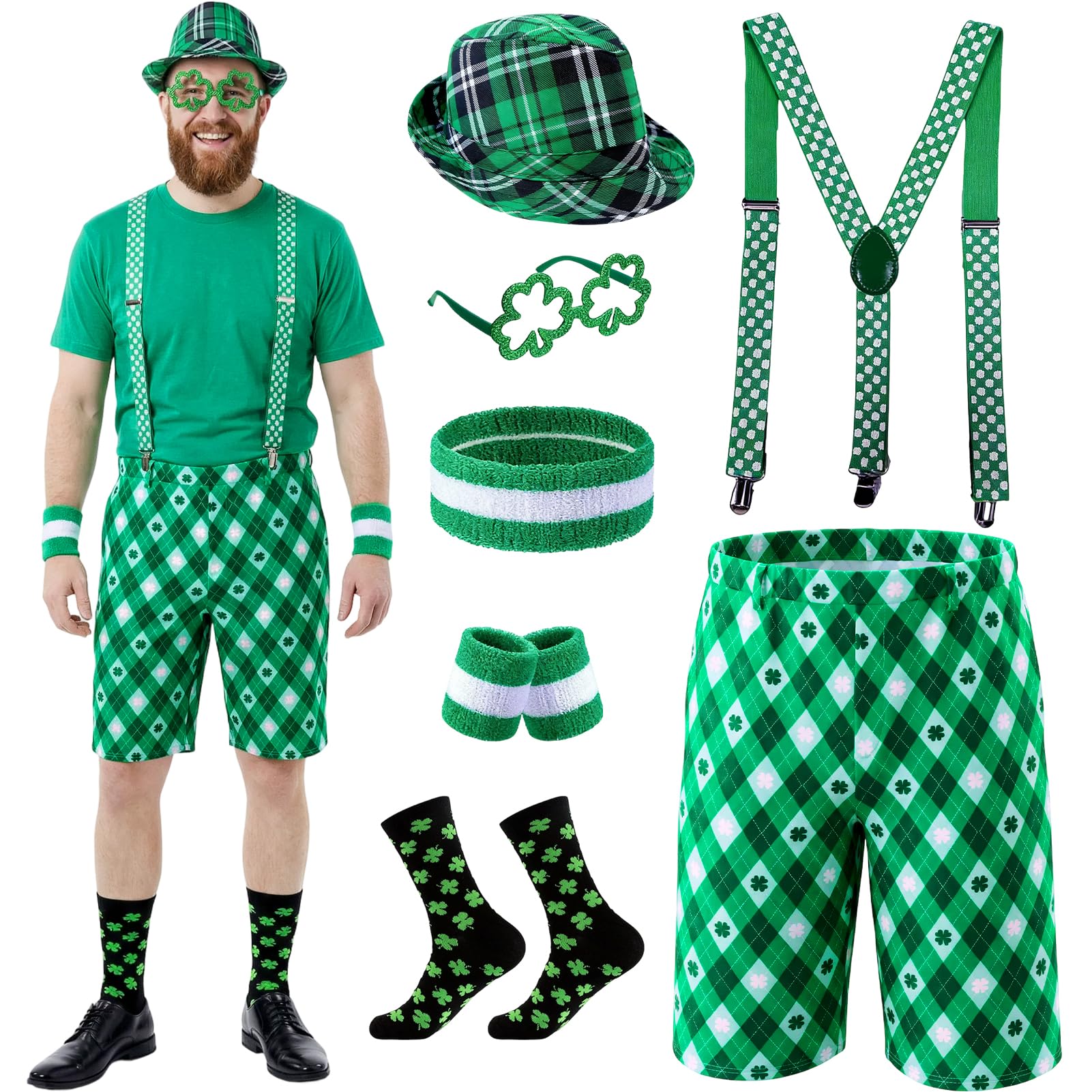 Maryparty St Paddy’s Day Fancy Dress Set for Men Shamrock Shorts with Suspenders Green Hat Accessories (XL)