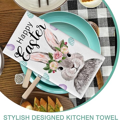 Miniatura 5 de Seliem Happy Easter Bunny - Juego de 2 toallas de cocina con diseño de conejo de Pascua, diseño religioso de huevos con flores y cruz, toalla de