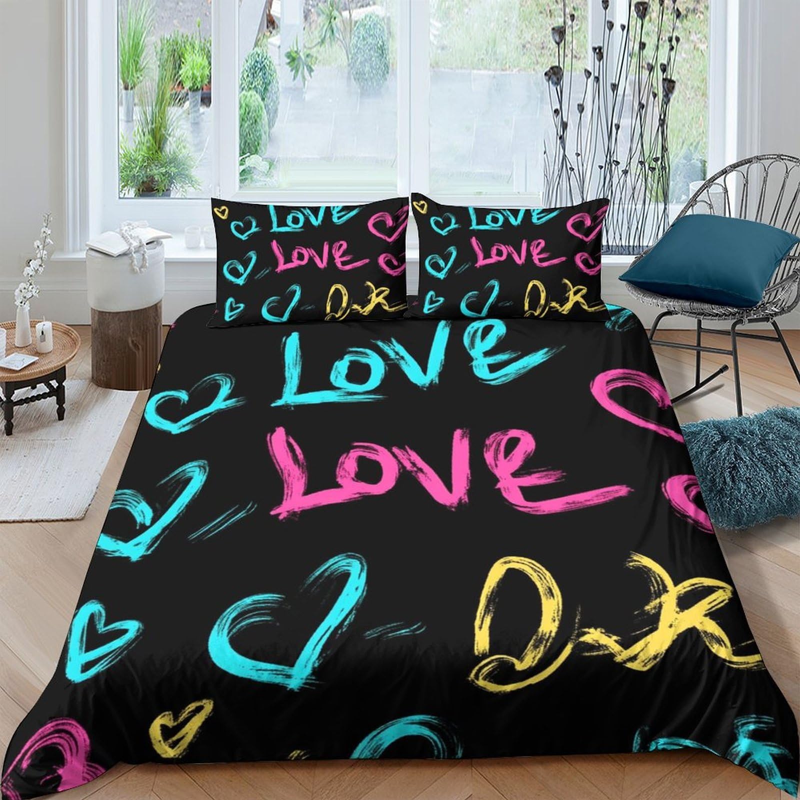 GPLZQXKJNH 3D Printed Graffiti Love Heart Duvet Cover Microfiber Soft Breathable Neon Letter Bedding Set with 2 Pillowcases for Bedroom Home Décor Single（135x200cm）