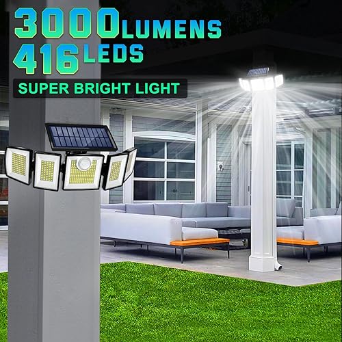 Miniatura 8 de Luces solares impermeables para exteriores, sensor de movimiento, 416 LED, 3000 lúmenes, súper brillante, 3 modos de brillo, 3 modos, 2400 mAh,