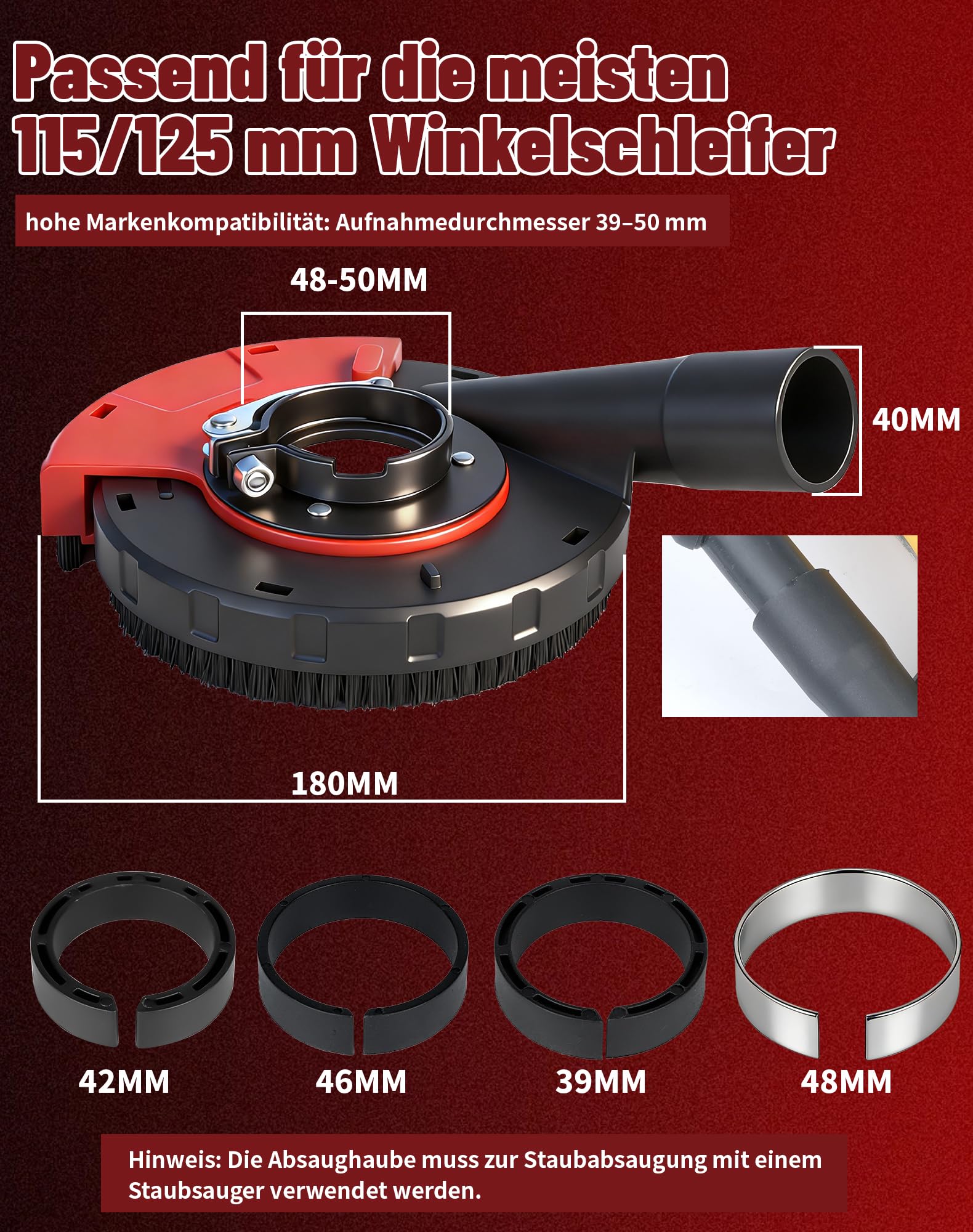 Capot d'aspiration universel pour meuleuse d'angle 115/125 mm avec couronne de brosse avec adaptateur et outil, jusqu'à 90 % de poussière en moins lors du ponçage pour meuleuse d'angle 115/125 mm