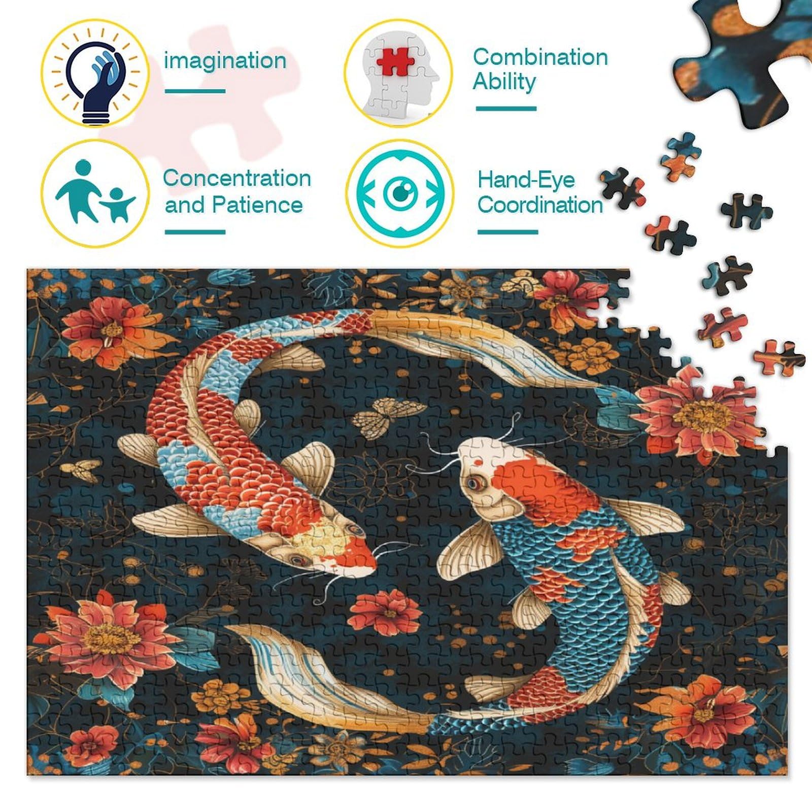 Koi Carp Puzzle Per Adulti Puzzle in Legno Da 1000 Pezzi Puzzle Rilassante Regalo Per Adulti Puzzle Da 1000 Pezzi Gioco Di Puzzle Decorazioni Per La Casa 1000pcs (75x50cm)