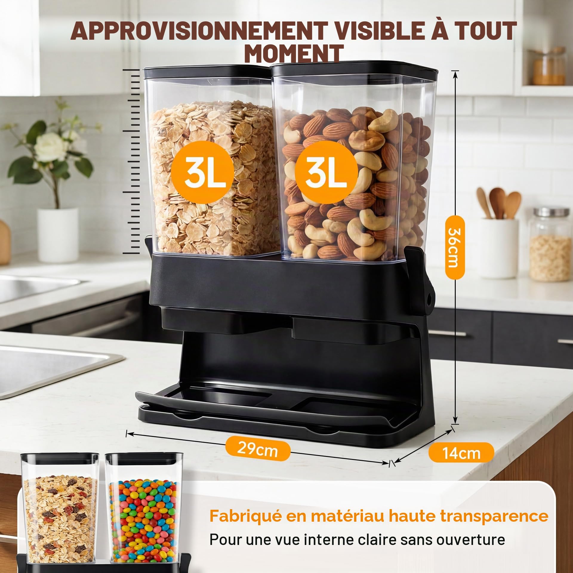Sinceroduct Lot de 2 distributeurs de muesli - Double bac de rangement hermétique de 3 L - Grande capacité - Distributeur de flocons de maïs pour muesli, noix, grains de café, aliments pour animaux