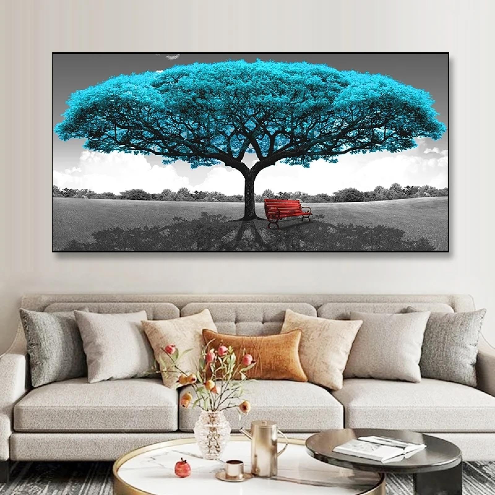 Art mural pour salon : grande affiche de chaise bleue avec arbre rouge 80x160 cm - 8
