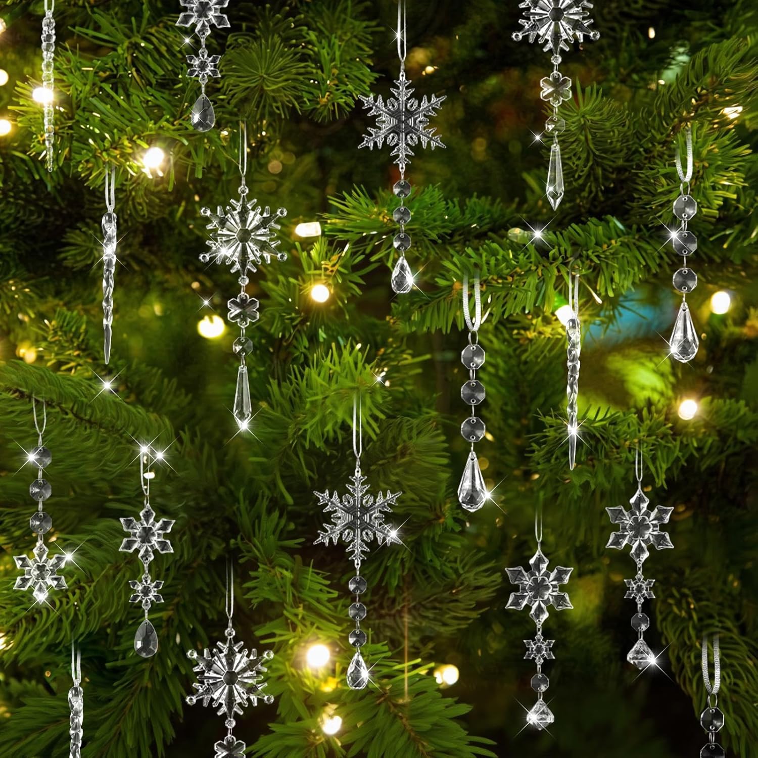 100 Pcs Christmas Tree Decoration Crystal Ornaments Hanging Snowflake Icicle Drop Crystal Christmas Ornaments for Tree Winter Wonderland Party Supplies