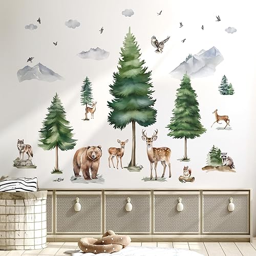 Miniatura 9 de wondever Calcomanías de pared de árbol de montaña, pino grande, bosque, oso, zorro, calcomanías de arte de pared para habitación de los niños,