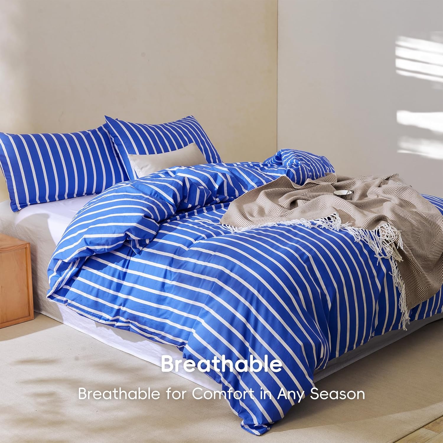 Striped Duvet Cover Set Queen Size,100% Natural Cotton Washed 3pcs Classic Striped Pattern Soft Breathable Bedding Sets with Zipper Closure & Corner Ties, Stripes Blue, 90"x90"