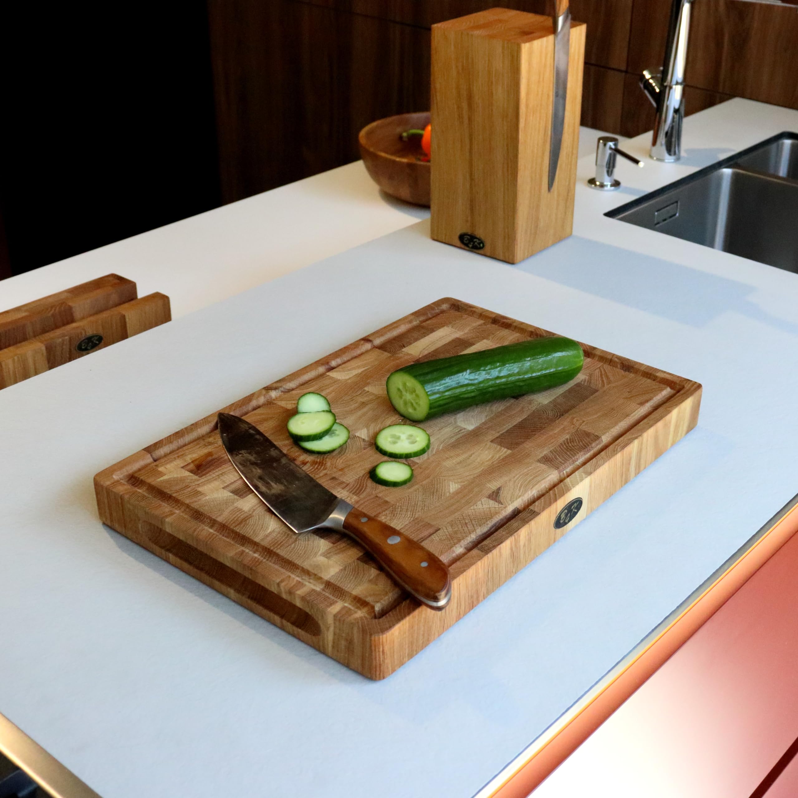 B4K 45х30х4 cm Blocco in legno di quercia con manici e piedini in silicone, tagliere in legno di cervello antibatterico | tagliere in legno di cervell