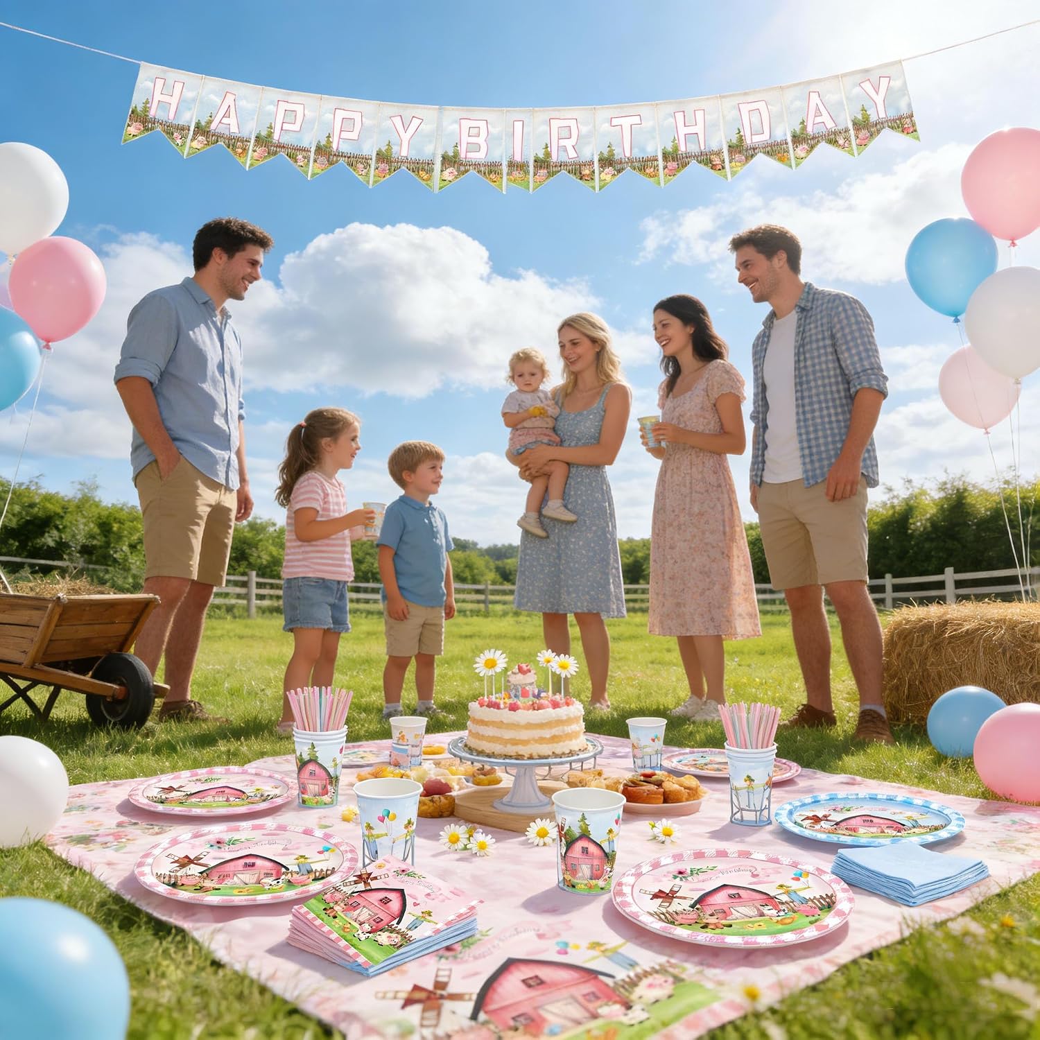 Pink Farm Animals Birthday Party Supplies - 24 Guests Barnyard Themed Tableware Set with Plates, Cups, Napkins, Cutlery, Tablecloth and Happy Birthday Banner for Girls Farmhouse Birthday Decorations