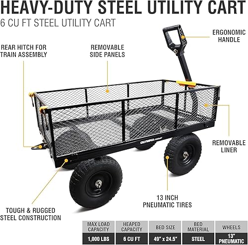 Miniatura 7 de Olympia Tools Carrito de jardín de acero de 1,000 libras y 6 pies cúbicos, carro resistente, con lados de malla extraíbles para convertir en carros