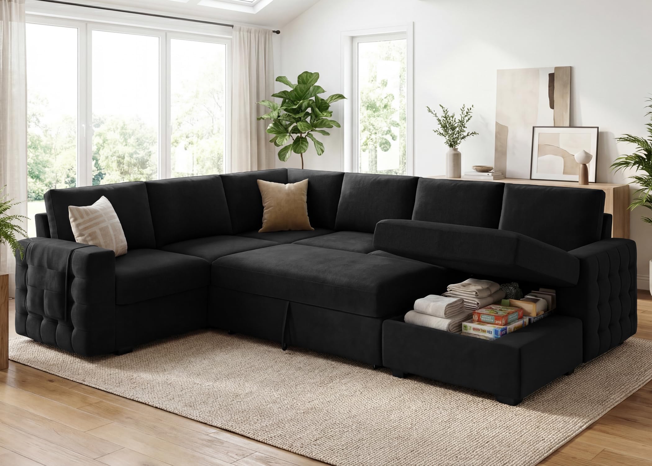 Sectional Sleeper Sofa with Pull Out Bed U-Shape Sectional Couch with Storage Chaise 6 Seater Sleeper Sectional Sofa Bed, Velvet Black