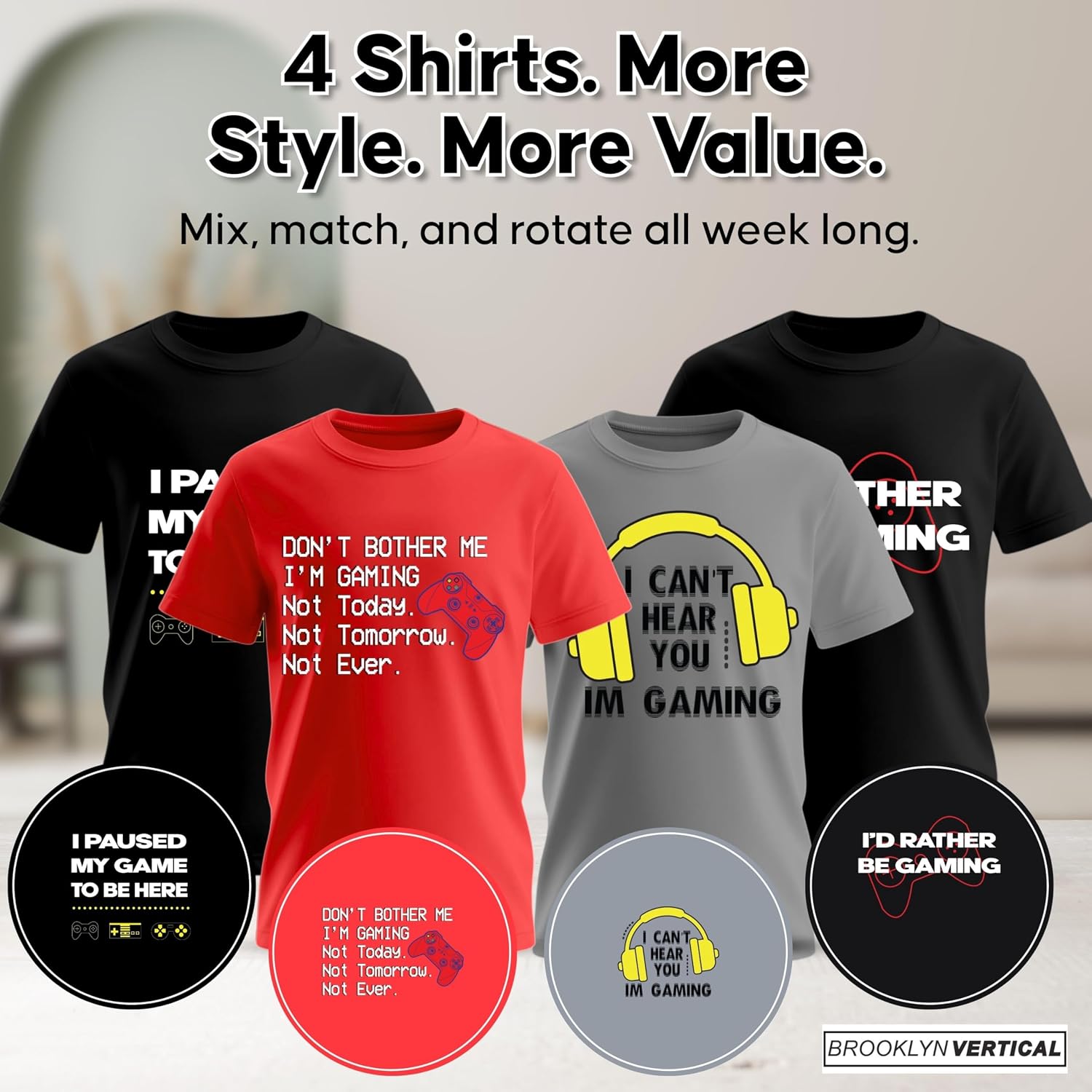 BROOKLYN VERTICAL Boys Graphic T Shirts 4 Pack Cotton Tees Gaming Video Gamer Prints, Short Sleeve Crew Neck Kids Sizes 6–20 image 3