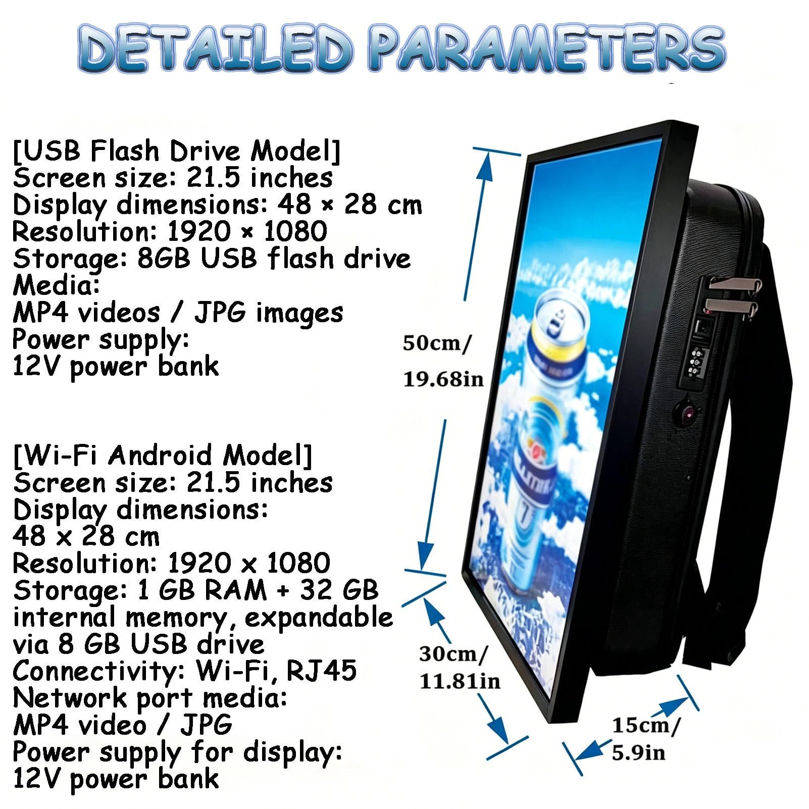 Zaino pubblicitario Digitale da 21,5 Pollici, Impermeabile, con Display Digitale da 1000 nit di luminosità e risoluzione 1920 * 1080, Ideale per Qualsiasi Evento all'aperto Wi-FiAndroidModel
