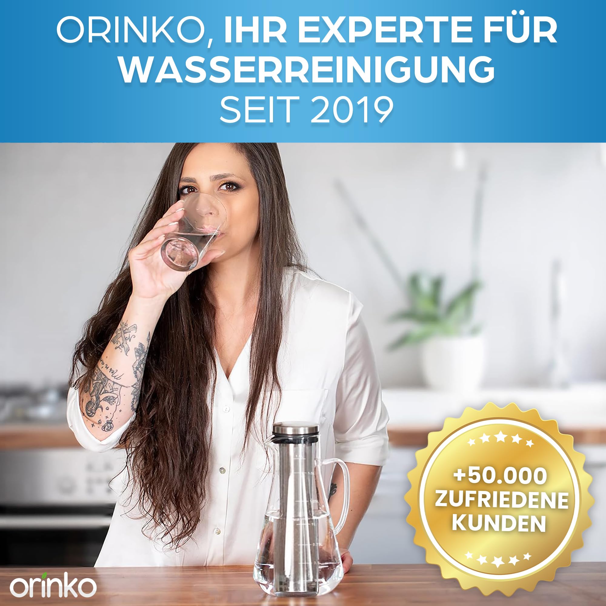 ORINKO® 1,6L Glaskaraffe mit Binchotan Aktivkohle Wasserfilter - Karaffe mit Fruchteinsatz für Erfrischende Getränke - Umweltfreundlicher Wasserfilter für Gesunde Hydration