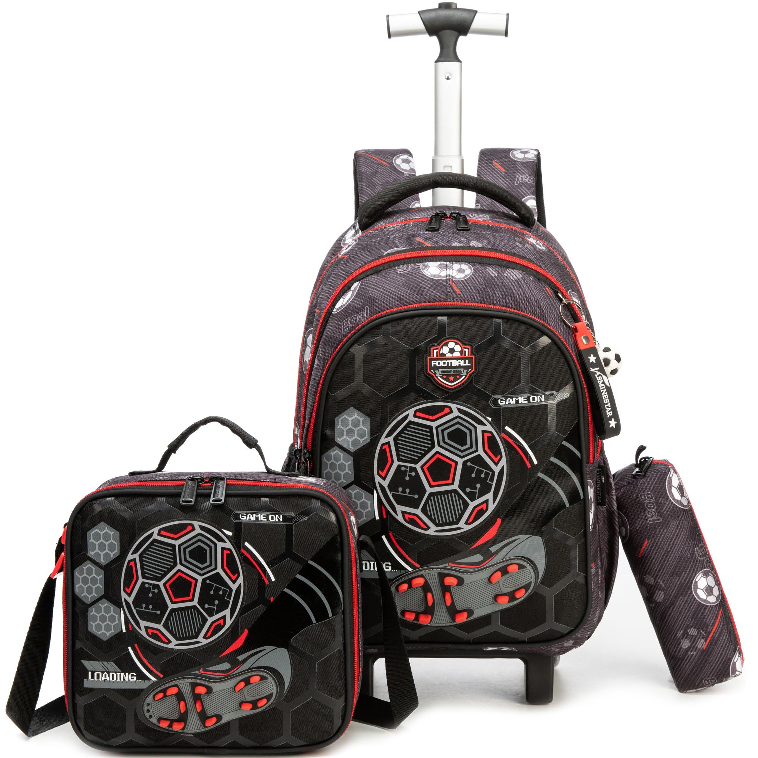 HTgroce Zaino Trolley Scuola Elementare Bambino (Calcio) – Grande Zaino con Ruote per Ragazzi & Cartella Scolastica – Bagaglio a Mano per Scuola & Viaggi