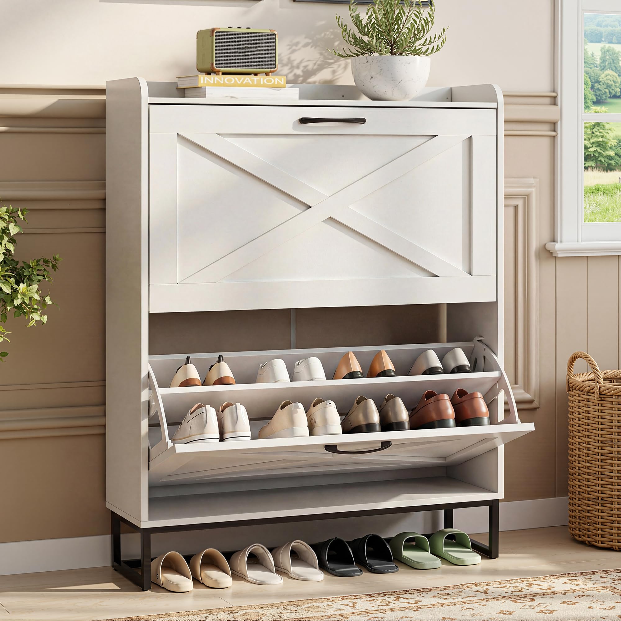 BonVache Rustic Shoe Cabinet 80cm Width for Hallway, White Shoes Cabinet with 2 Drawer Can Storage 16-20 Pairs of Shoes, Wooden Shoe Rack Fold for Entryway Living Room
