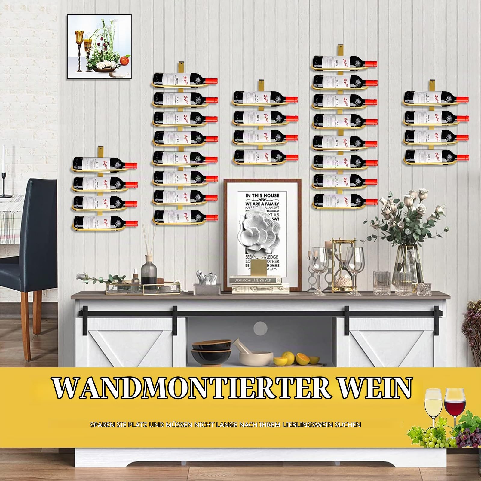 Weinregal Wand Metall, Weinflaschenhalter zur Wandmontage, Weinhalter für 8 Flaschen, Flaschenregal Flaschenhalter Hängeregal Flaschenständer Weinflaschenregal für Wein (C)