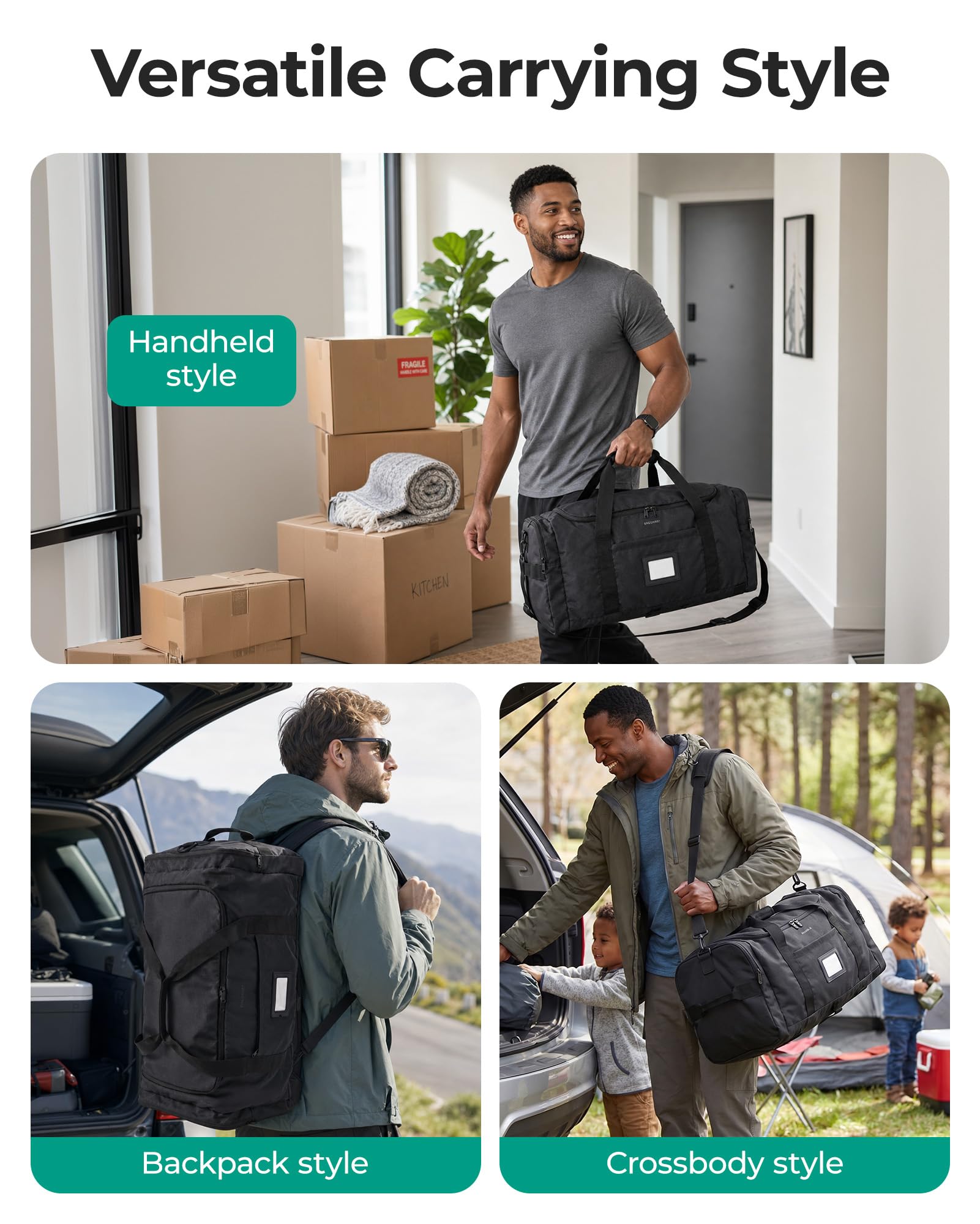 BAGSMART Faltbare Reisetasche Große, 60L Leicht 4 in 1 Reisetaschen Herren Damen Sporttasche Weekender Travel Bag Reise-Rucksack Handgepäck Duffle Bag, Schwarz