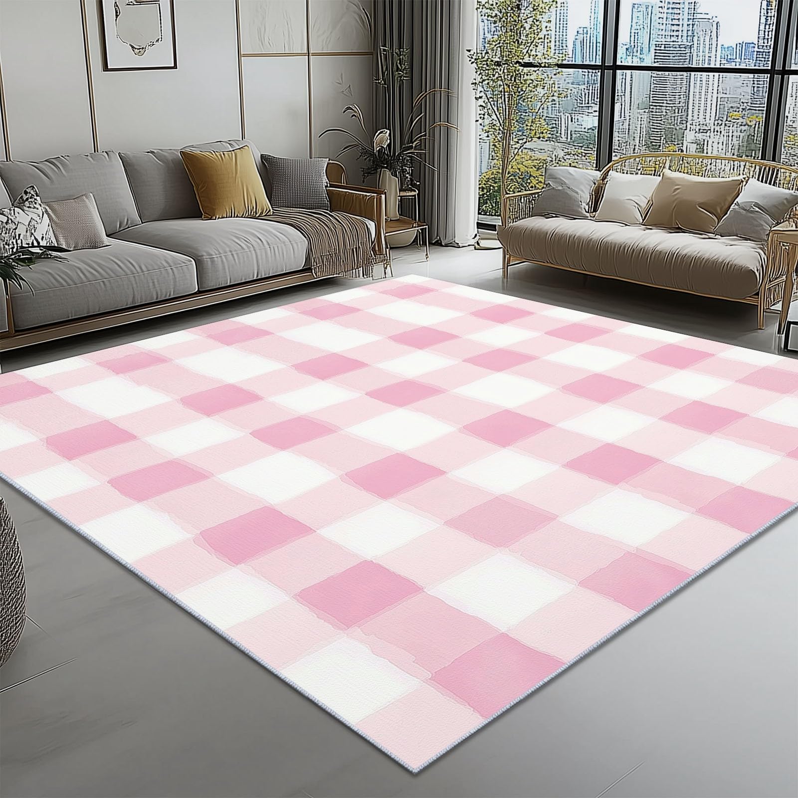 Dywan, 140 x 200 cm Nowoczesne płytki kolorowe klocki, można prać w pralce Dywan Salon Jadalnia Duży dywan Salon Sypialnia Dywan Salon Dywan z krótkim włosiem Wełniany Antypoślizgowy Różowy Biały